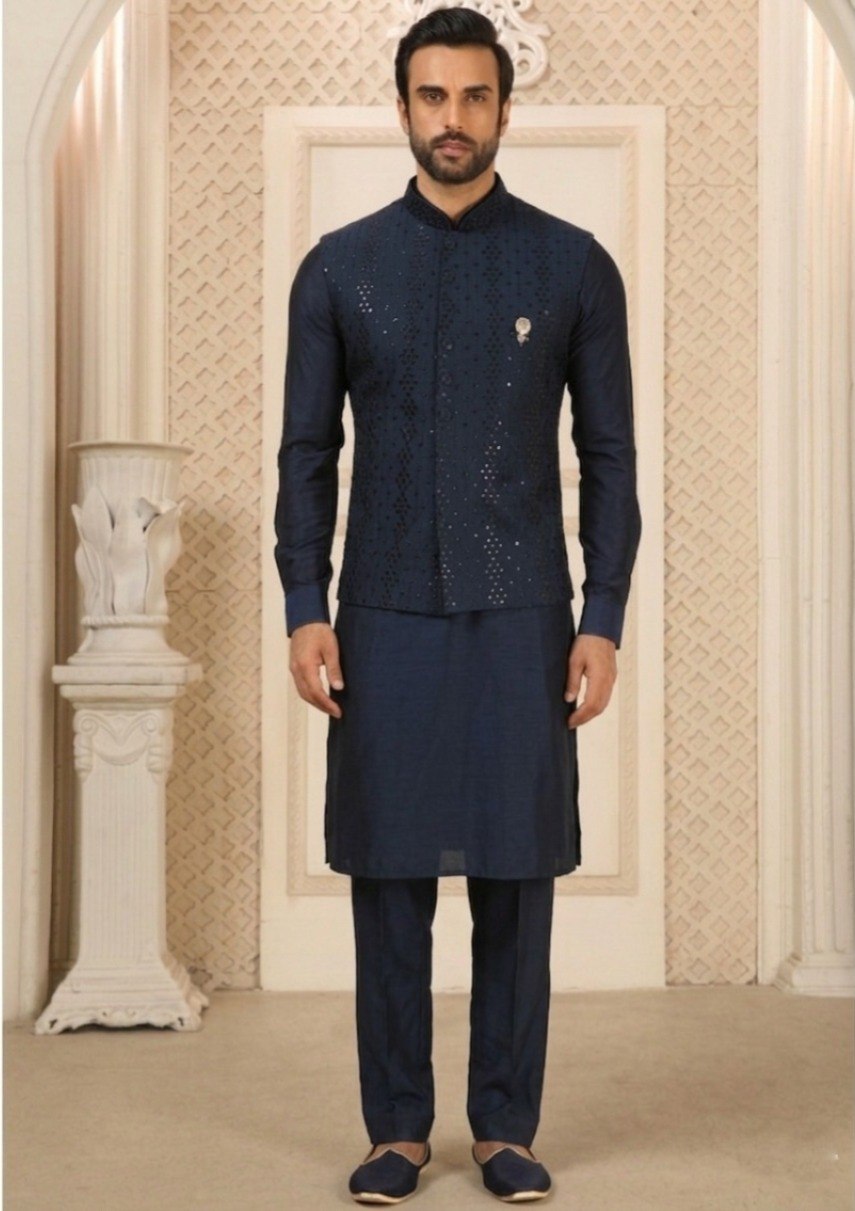 Navy Blue Kurta Pant Set With Jacket ClothsVilla