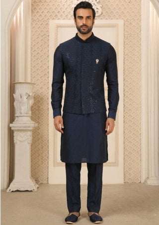 Navy Blue Kurta Pant Set With Jacket ClothsVilla