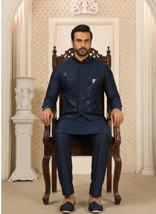 Navy Blue Kurta Pant Set With Jacket ClothsVilla