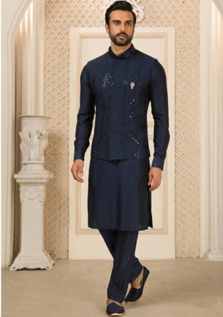 Navy Blue Kurta Pant Set With Jacket ClothsVilla