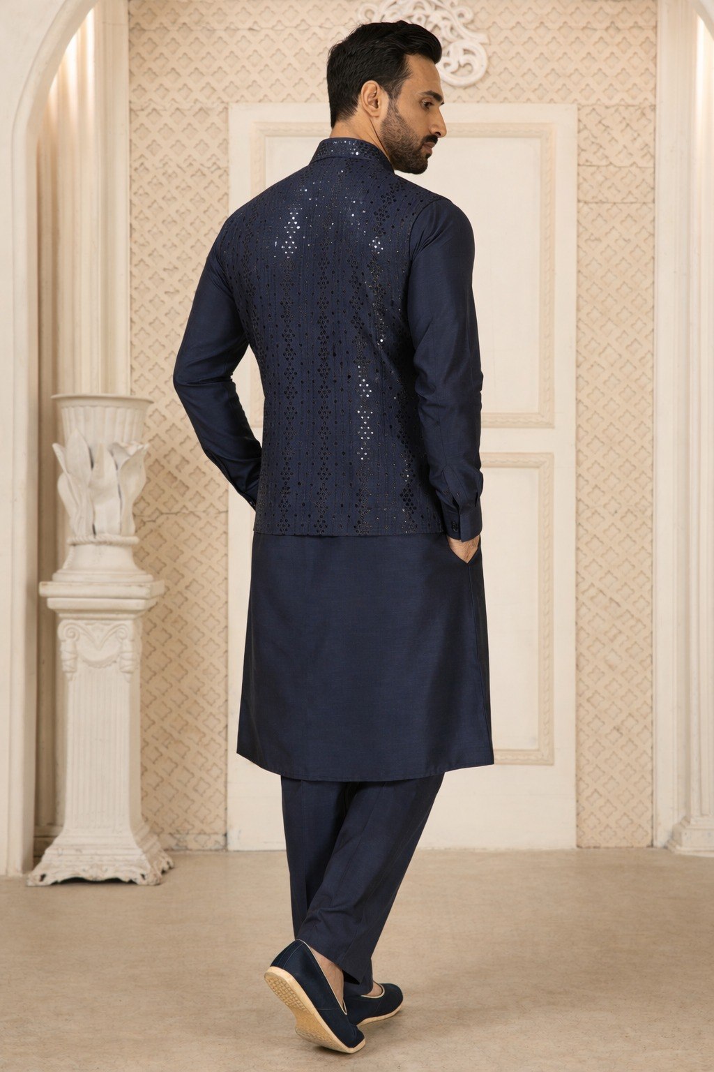 Navy Blue Kurta Pant Set With Jacket ClothsVilla