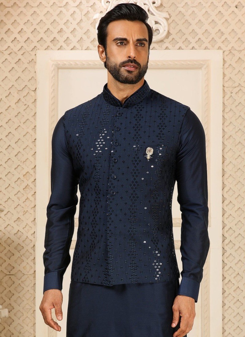 Navy Blue Kurta Pant Set With Jacket ClothsVilla