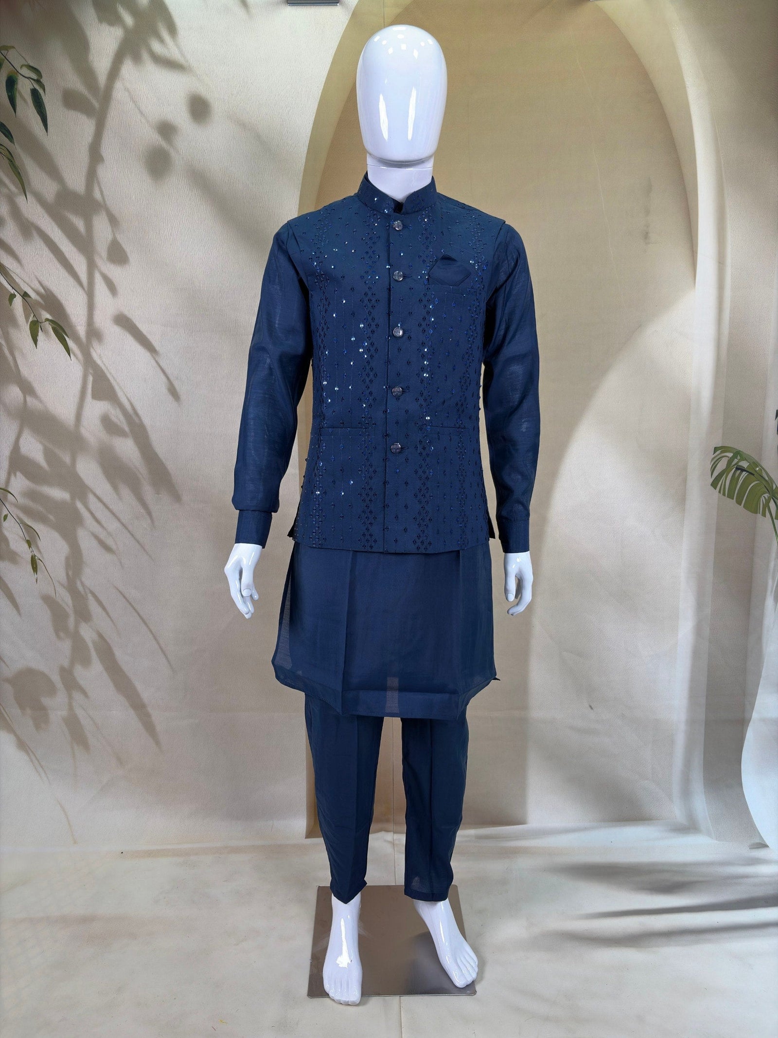 Navy Blue Kurta Pant Set With Jacket ClothsVilla