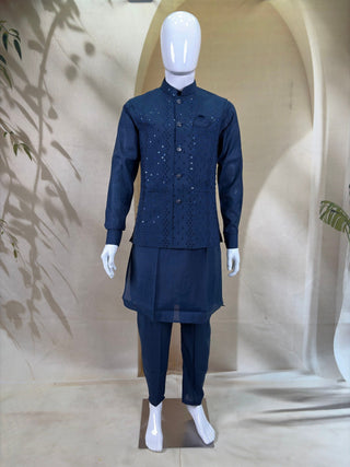 Navy Blue Kurta Pant Set With Jacket ClothsVilla