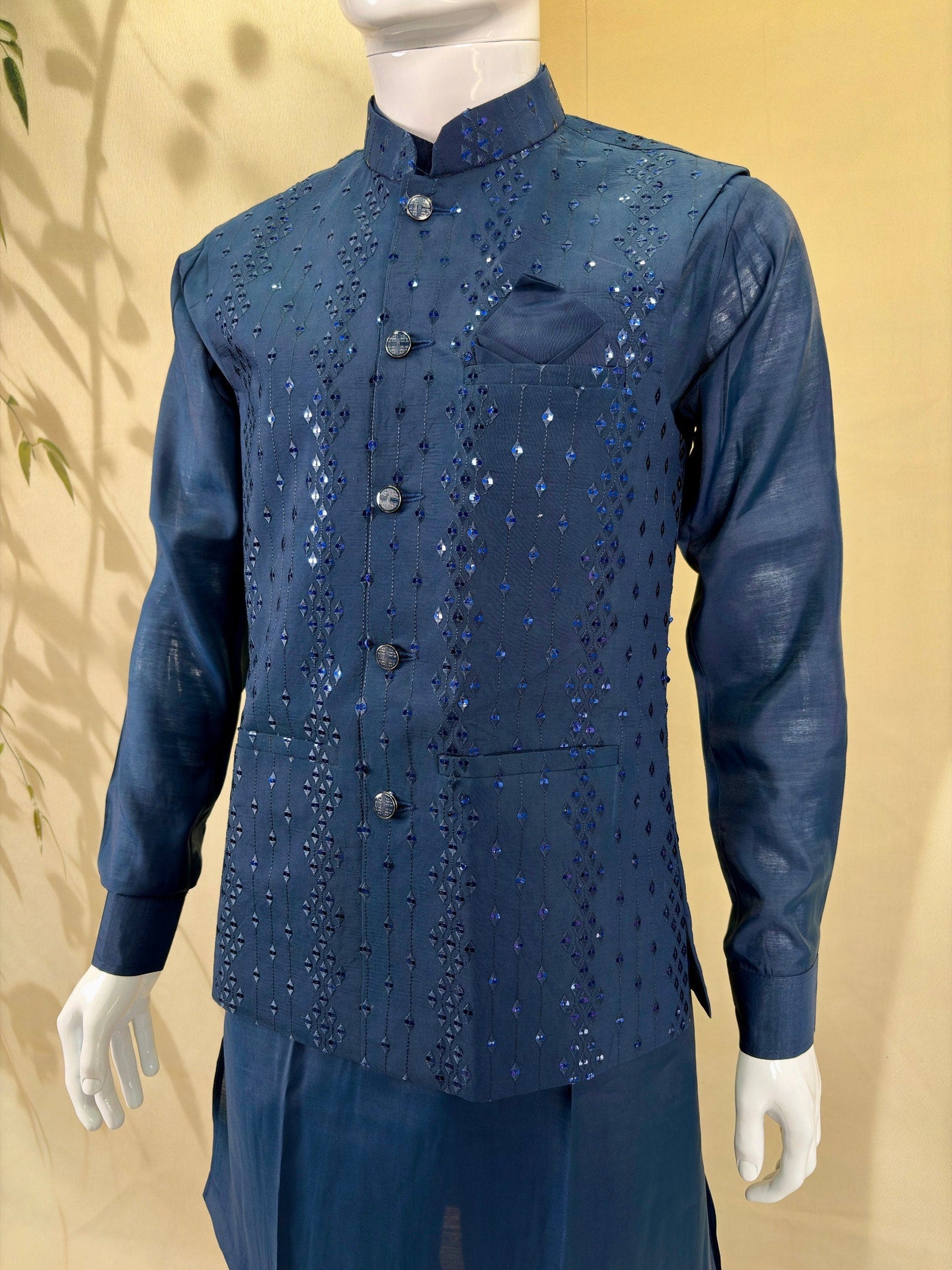 Navy Blue Kurta Pant Set With Jacket ClothsVilla