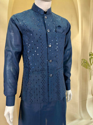 Navy Blue Kurta Pant Set With Jacket ClothsVilla