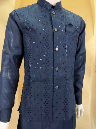 Navy Blue Kurta Pant Set With Jacket ClothsVilla