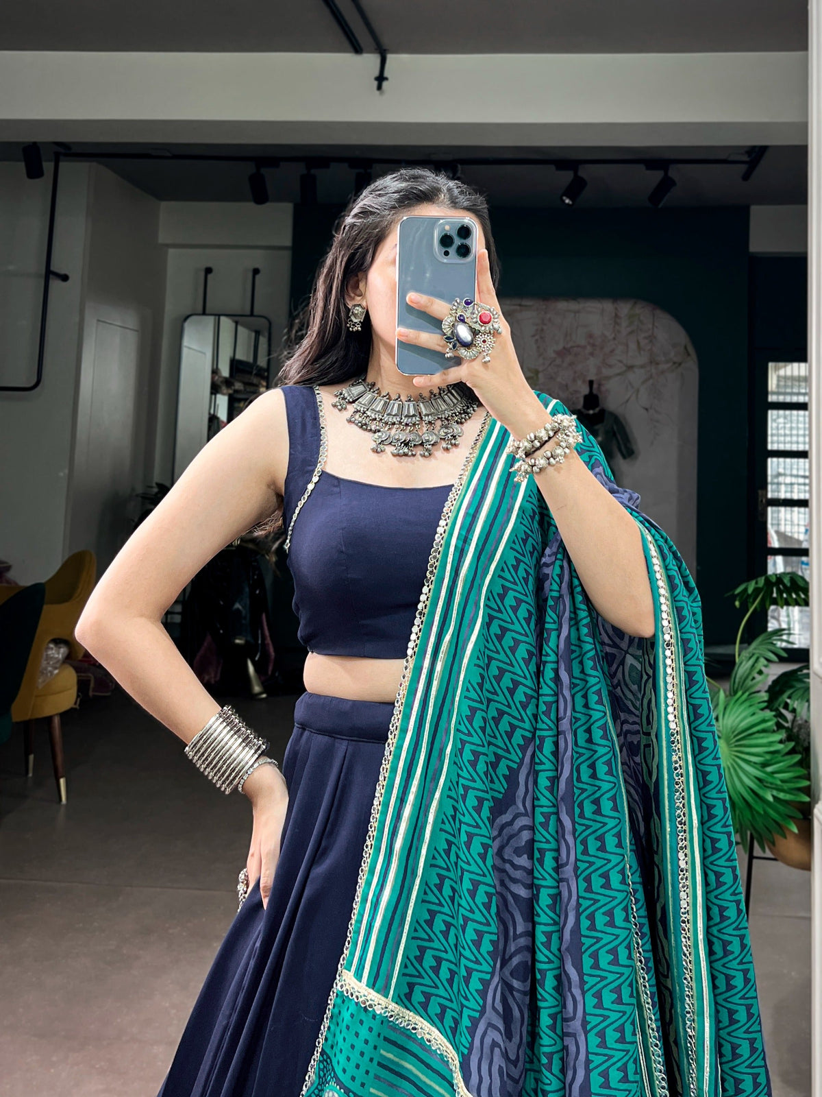 Navy Blue Lehenga Choli with Mirror Work ClothsVilla