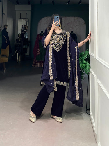 Navy Blue Luxurious Velvet Embroidered Suit Set with Organza Dupatta – Sequins & Thread Work, Stitched Ensemble Clothsvilla