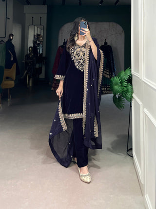 Navy Blue Luxurious Velvet Embroidered Suit Set with Organza Dupatta – Sequins & Thread Work, Stitched Ensemble Clothsvilla