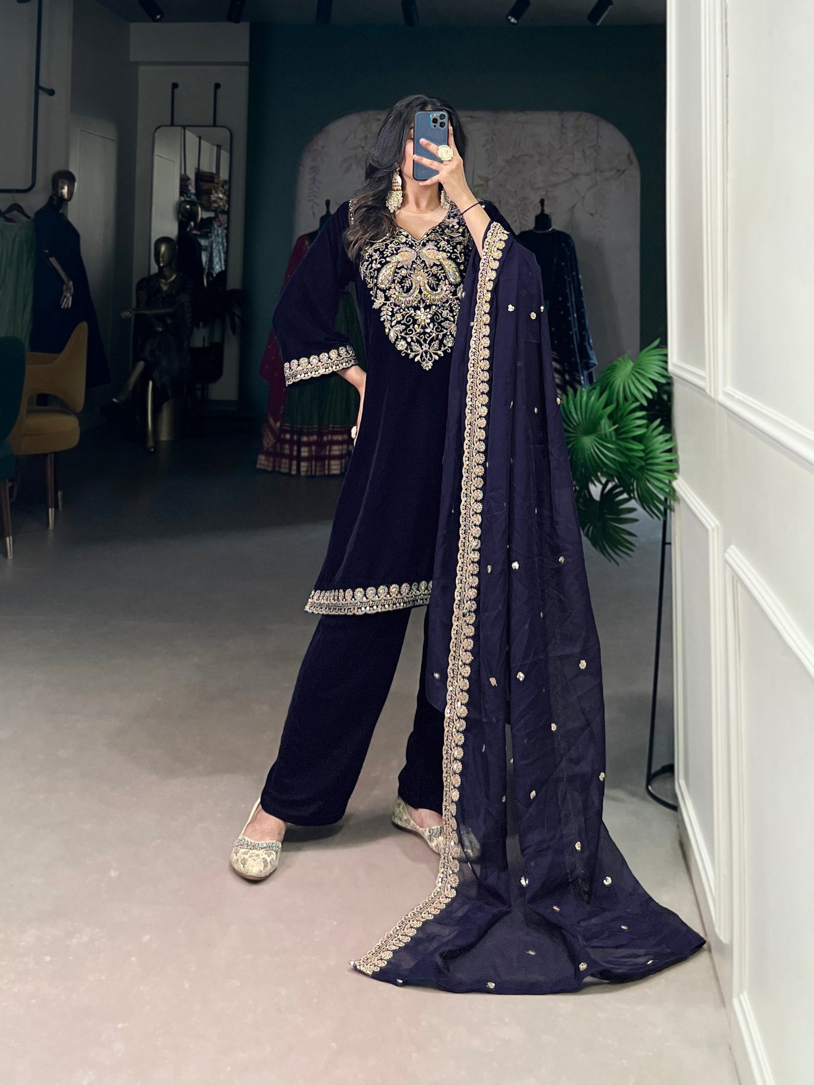 Navy Blue Luxurious Velvet Embroidered Suit Set with Organza Dupatta – Sequins & Thread Work, Stitched Ensemble Clothsvilla