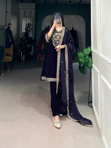 Navy Blue Luxurious Velvet Embroidered Suit Set with Organza Dupatta – Sequins & Thread Work, Stitched Ensemble Clothsvilla