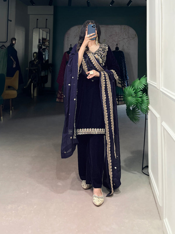 Navy Blue Luxurious Velvet Embroidered Suit Set with Organza Dupatta – Sequins & Thread Work, Stitched Ensemble Clothsvilla