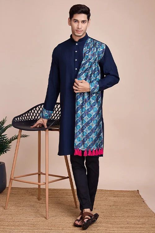 Navy Blue Men's Designer Kurta - Latest Festival Collection ClothsVilla