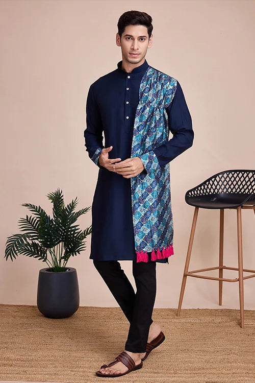 Navy Blue Men's Designer Kurta - Latest Festival Collection ClothsVilla