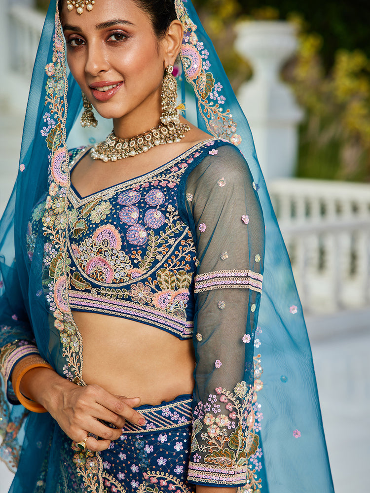 Navy Blue Multi-Color Sequin Embroidered Net Lehenga Choli Dupatta Set ClothsVilla