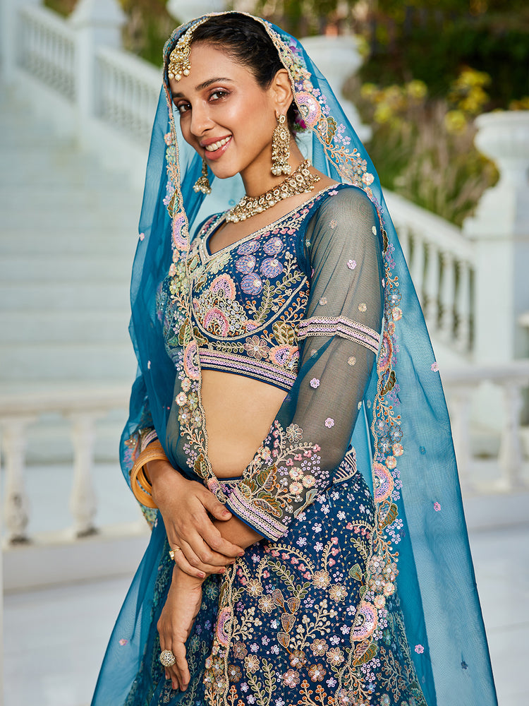 Navy Blue Multi-Color Sequin Embroidered Net Lehenga Choli Dupatta Set ClothsVilla