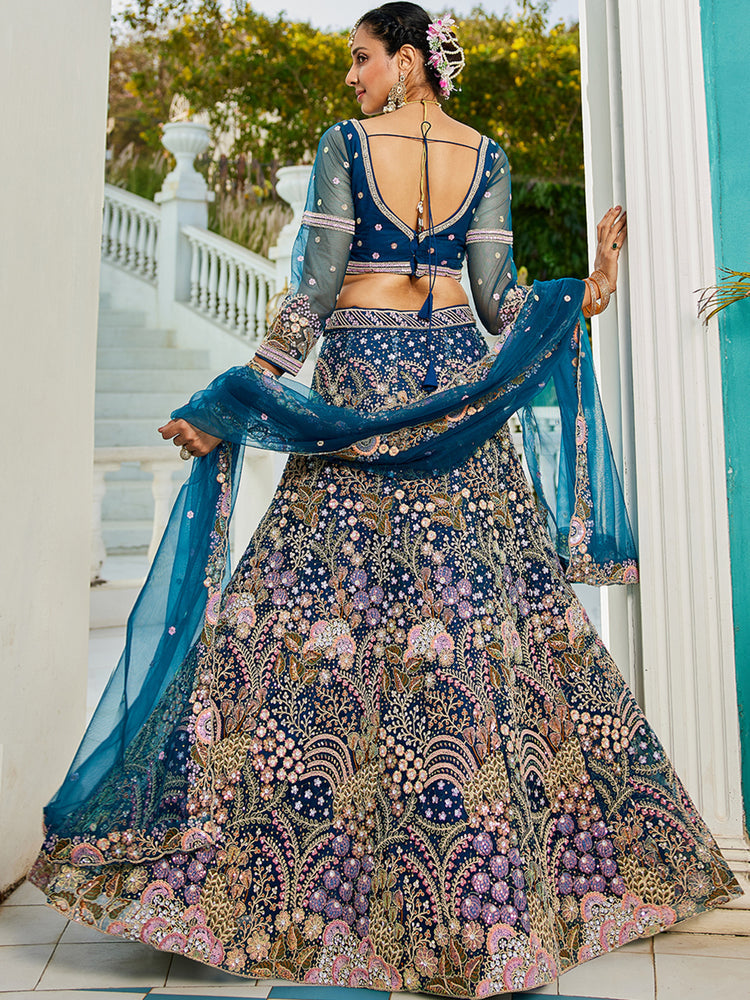 Navy Blue Multi-Color Sequin Embroidered Net Lehenga Choli Dupatta Set ClothsVilla