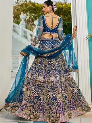 Navy Blue Multi-Color Sequin Embroidered Net Lehenga Choli Dupatta Set ClothsVilla