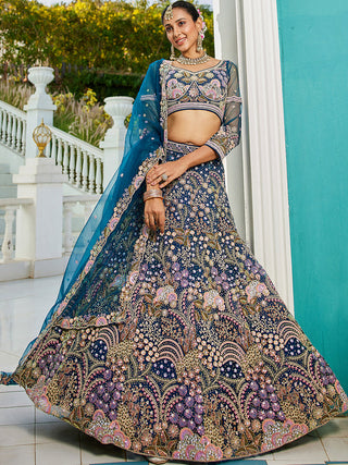 Navy Blue Multi-Color Sequin Embroidered Net Lehenga Choli Dupatta Set ClothsVilla