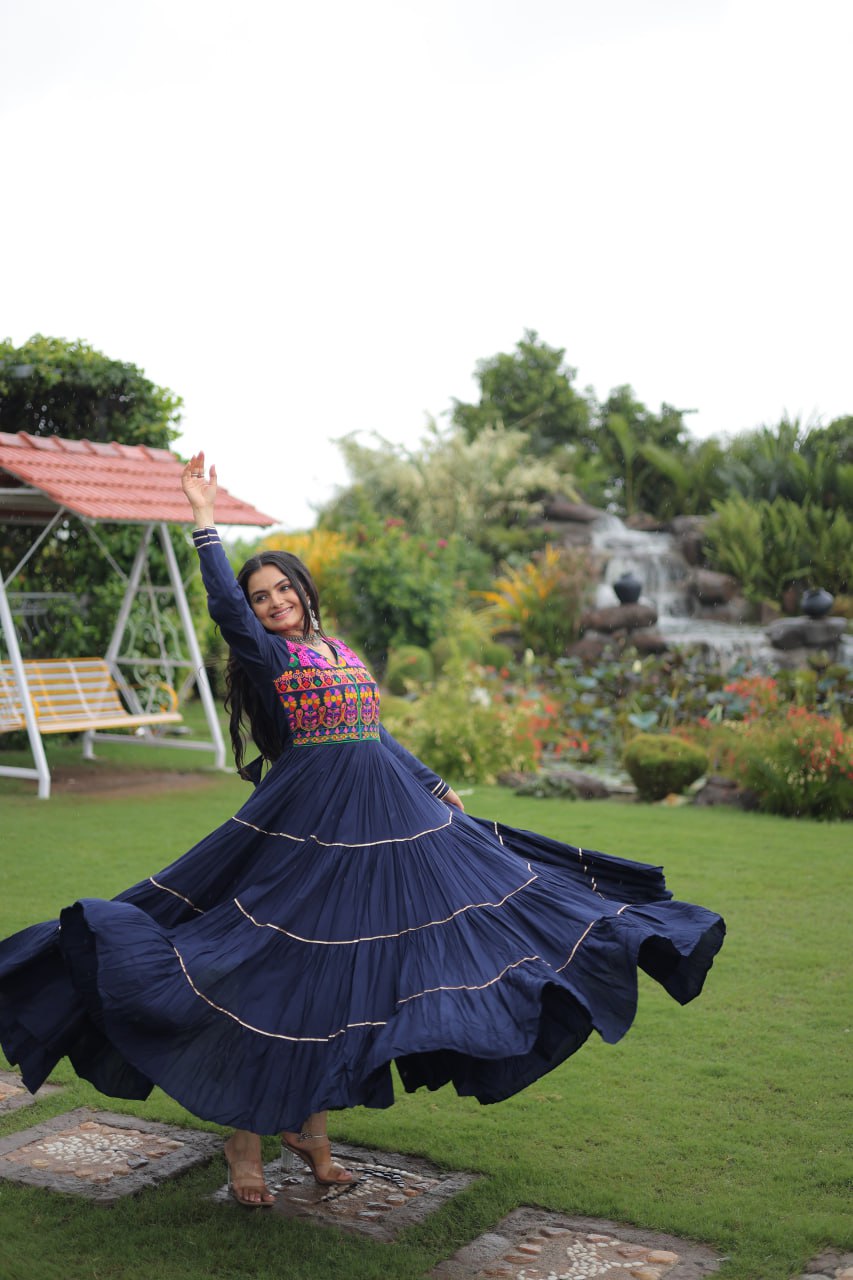 Navy Blue Navratri Special 14 Kg Reyon Gown with Kutchi Gamthi & Mirror Hand Work – 4-Layer Frill, 10+ Meter Flair ClothsVilla
