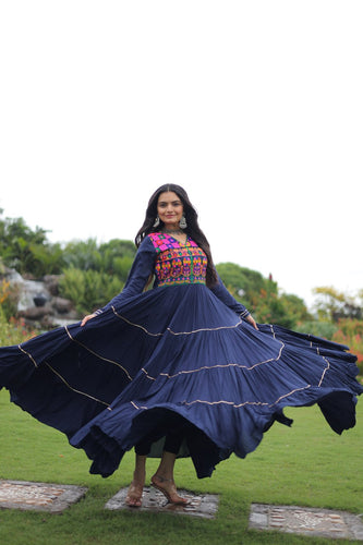 Navy Blue Navratri Special 14 Kg Reyon Gown with Kutchi Gamthi & Mirror Hand Work – 4-Layer Frill, 10+ Meter Flair ClothsVilla