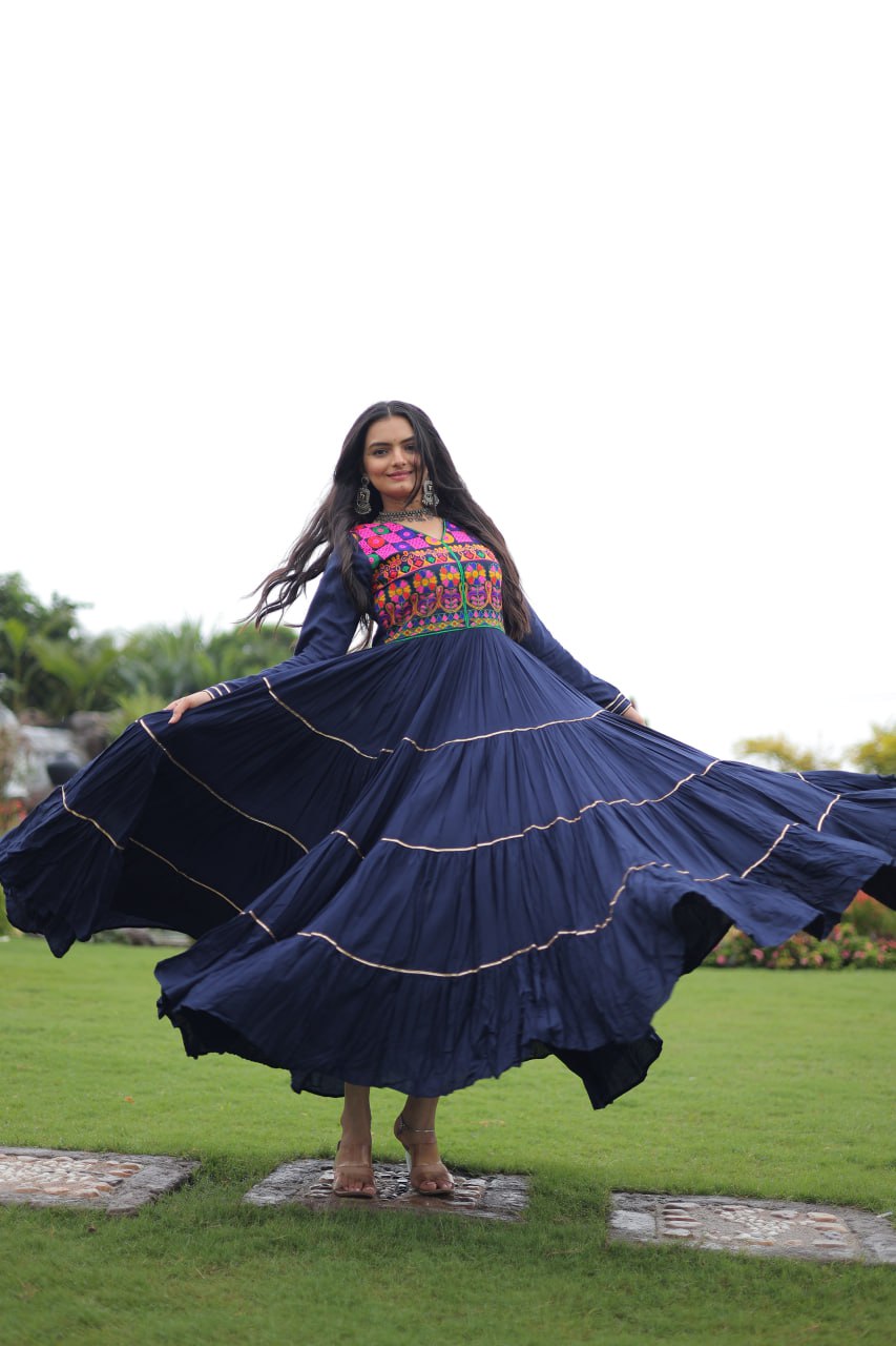 Navy Blue Navratri Special 14 Kg Reyon Gown with Kutchi Gamthi & Mirror Hand Work – 4-Layer Frill, 10+ Meter Flair ClothsVilla