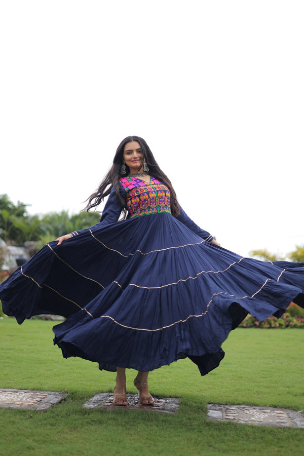 Navy Blue Navratri Special 14 Kg Reyon Gown with Kutchi Gamthi & Mirror Hand Work – 4-Layer Frill, 10+ Meter Flair ClothsVilla