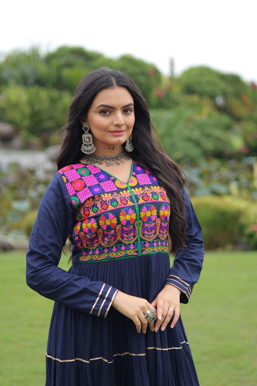 Navy Blue Navratri Special 14 Kg Reyon Gown with Kutchi Gamthi & Mirror Hand Work – 4-Layer Frill, 10+ Meter Flair ClothsVilla