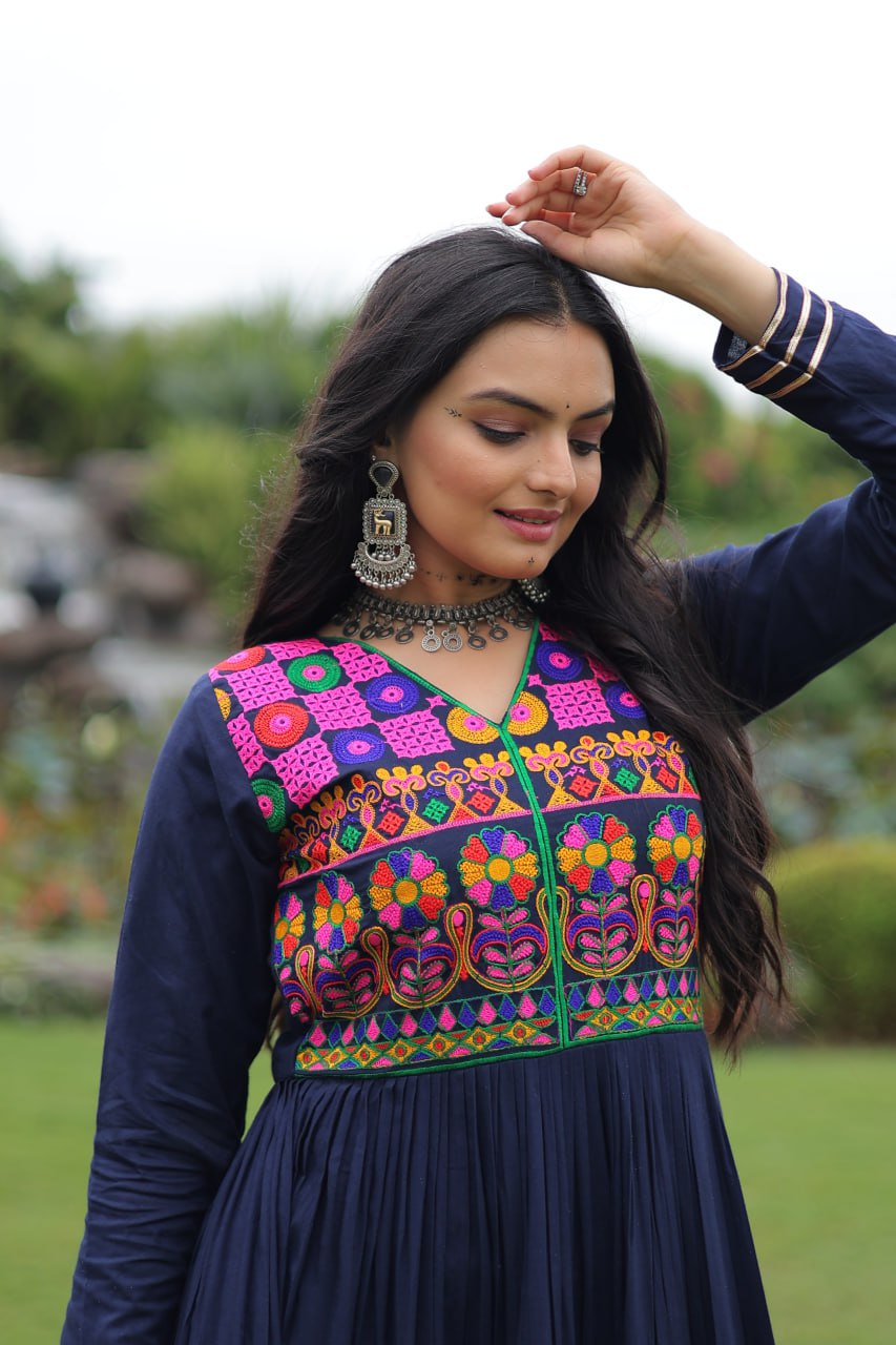 Navy Blue Navratri Special 14 Kg Reyon Gown with Kutchi Gamthi & Mirror Hand Work – 4-Layer Frill, 10+ Meter Flair ClothsVilla
