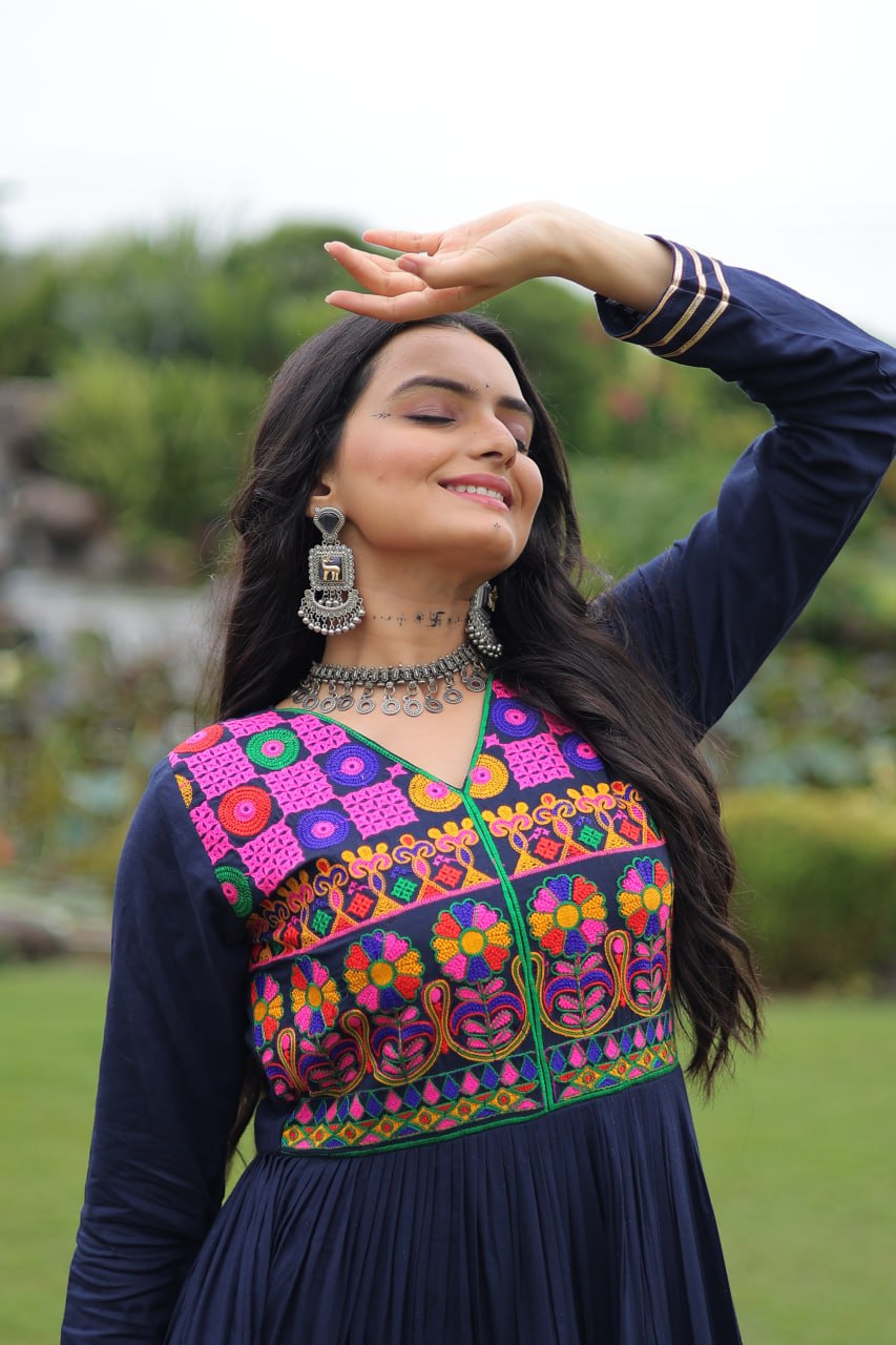 Navy Blue Navratri Special 14 Kg Reyon Gown with Kutchi Gamthi & Mirror Hand Work – 4-Layer Frill, 10+ Meter Flair ClothsVilla