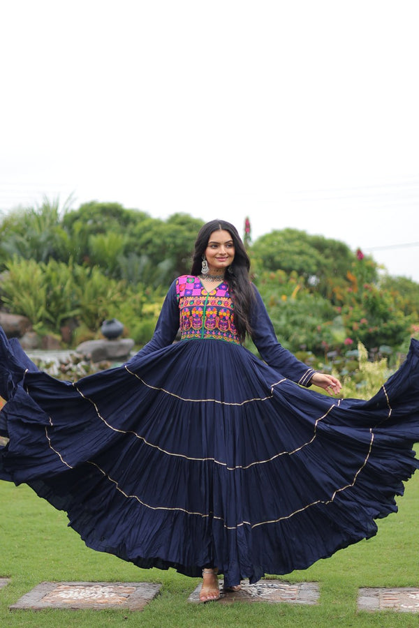 Navy Blue Navratri Special 14 Kg Reyon Gown with Kutchi Gamthi & Mirror Hand Work – 4-Layer Frill, 10+ Meter Flair ClothsVilla