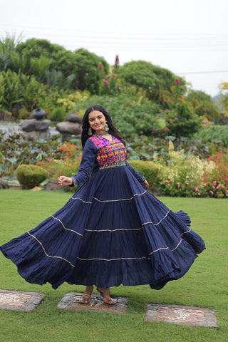Navy Blue Navratri Special 14 Kg Reyon Gown with Kutchi Gamthi & Mirror Hand Work – 4-Layer Frill, 10+ Meter Flair ClothsVilla