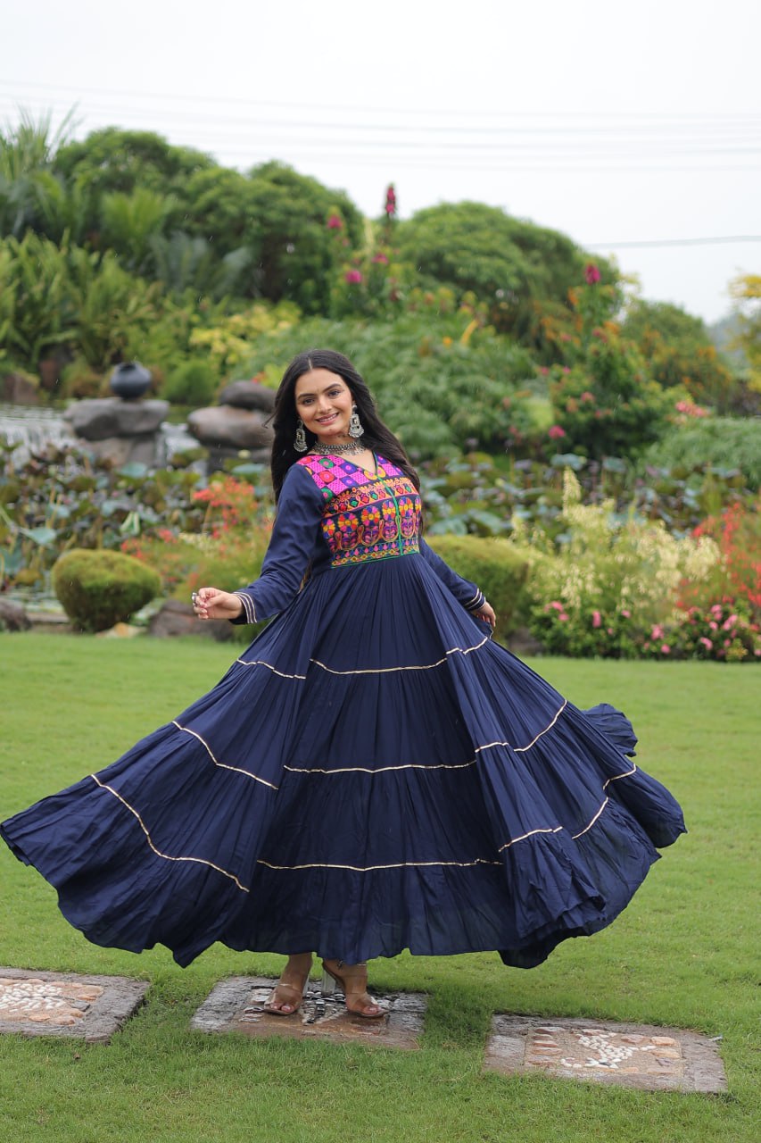 Navy Blue Navratri Special 14 Kg Reyon Gown with Kutchi Gamthi & Mirror Hand Work – 4-Layer Frill, 10+ Meter Flair ClothsVilla