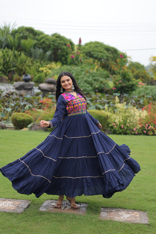 Navy Blue Navratri Special 14 Kg Reyon Gown with Kutchi Gamthi & Mirror Hand Work – 4-Layer Frill, 10+ Meter Flair ClothsVilla
