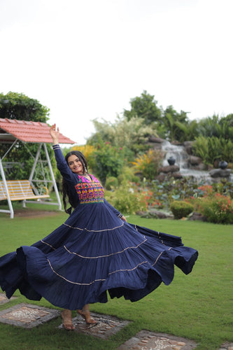 Navy Blue Navratri Special 14 Kg Reyon Gown with Kutchi Gamthi & Mirror Hand Work – 4-Layer Frill, 10+ Meter Flair ClothsVilla