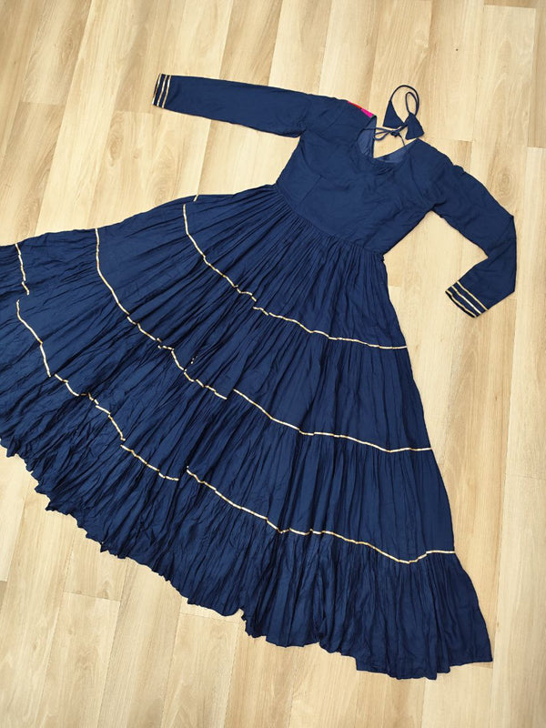 Navy Blue Navratri Special 14 Kg Reyon Gown with Kutchi Gamthi & Mirror Hand Work – 4-Layer Frill, 10+ Meter Flair ClothsVilla