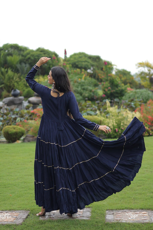 Navy Blue Navratri Special 14 Kg Reyon Gown with Kutchi Gamthi & Mirror Hand Work – 4-Layer Frill, 10+ Meter Flair ClothsVilla