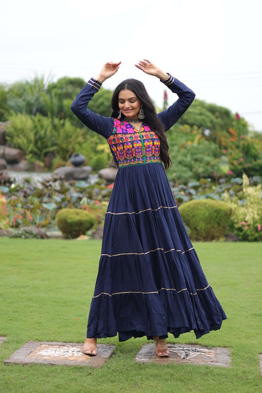 Navy Blue Navratri Special 14 Kg Reyon Gown with Kutchi Gamthi & Mirror Hand Work – 4-Layer Frill, 10+ Meter Flair ClothsVilla