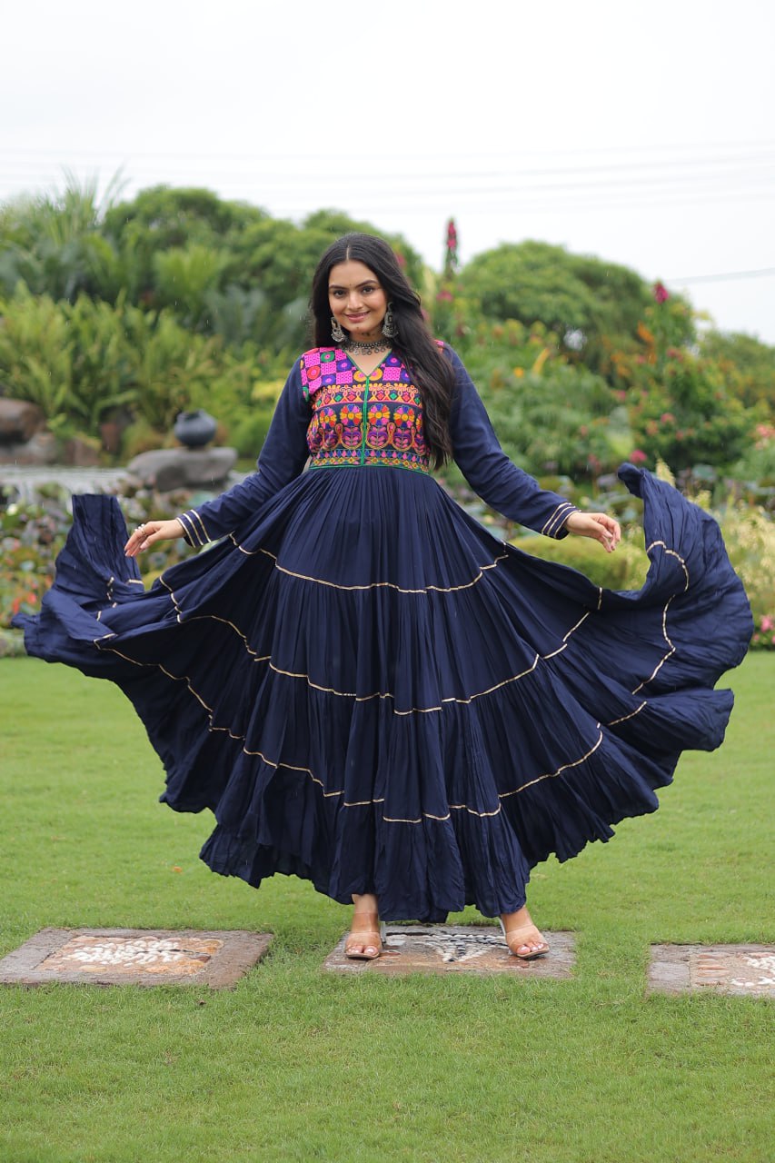 Navy Blue Navratri Special 14 Kg Reyon Gown with Kutchi Gamthi & Mirror Hand Work – 4-Layer Frill, 10+ Meter Flair ClothsVilla