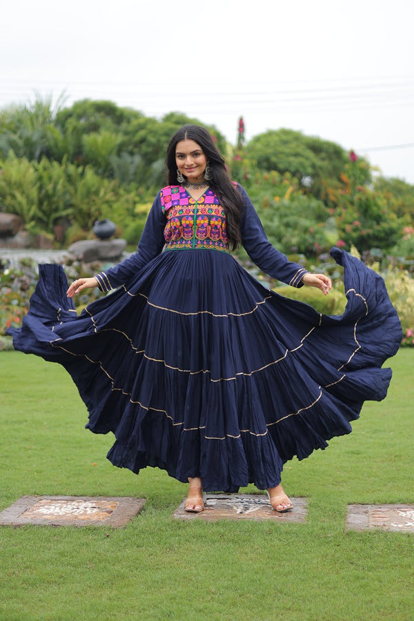 Navy Blue Navratri Special 14 Kg Reyon Gown with Kutchi Gamthi & Mirror Hand Work – 4-Layer Frill, 10+ Meter Flair ClothsVilla