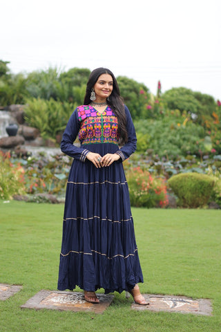 Navy Blue Navratri Special 14 Kg Reyon Gown with Kutchi Gamthi & Mirror Hand Work – 4-Layer Frill, 10+ Meter Flair ClothsVilla