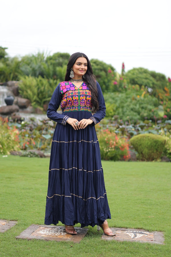 Navy Blue Navratri Special 14 Kg Reyon Gown with Kutchi Gamthi & Mirror Hand Work – 4-Layer Frill, 10+ Meter Flair ClothsVilla