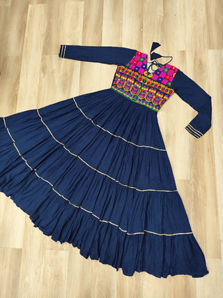 Navy Blue Navratri Special 14 Kg Reyon Gown with Kutchi Gamthi & Mirror Hand Work – 4-Layer Frill, 10+ Meter Flair ClothsVilla