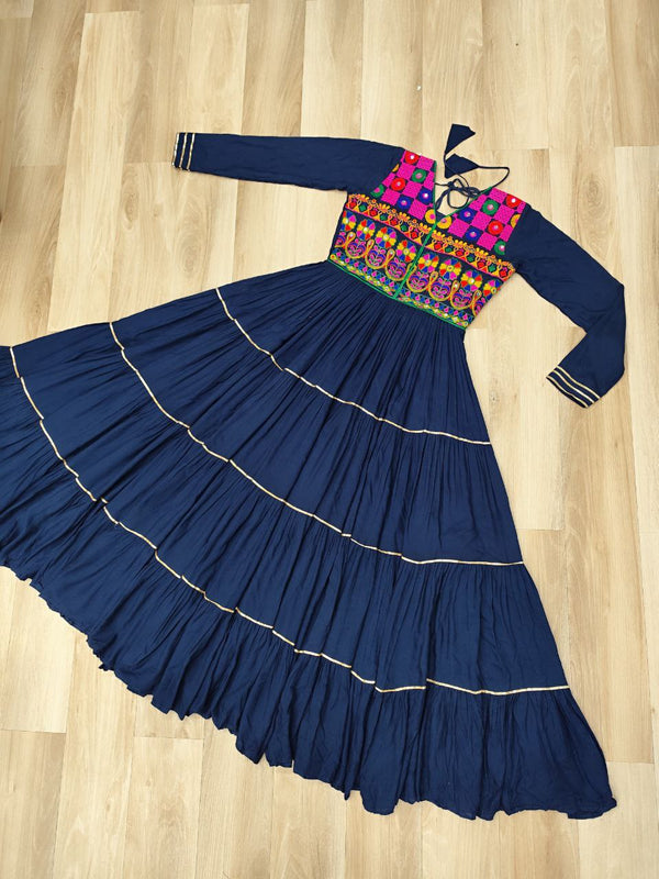 Navy Blue Navratri Special 14 Kg Reyon Gown with Kutchi Gamthi & Mirror Hand Work – 4-Layer Frill, 10+ Meter Flair ClothsVilla