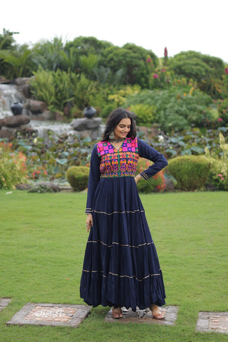 Navy Blue Navratri Special 14 Kg Reyon Gown with Kutchi Gamthi & Mirror Hand Work – 4-Layer Frill, 10+ Meter Flair ClothsVilla