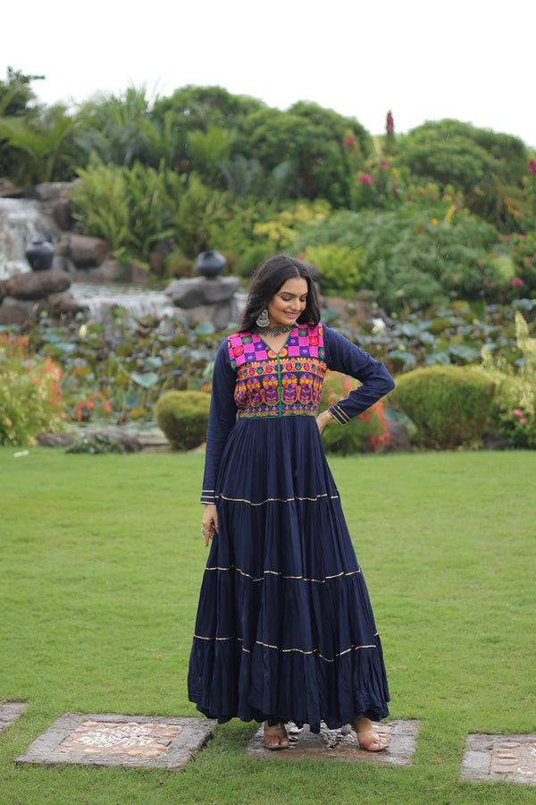 Navy Blue Navratri Special 14 Kg Reyon Gown with Kutchi Gamthi & Mirror Hand Work – 4-Layer Frill, 10+ Meter Flair ClothsVilla