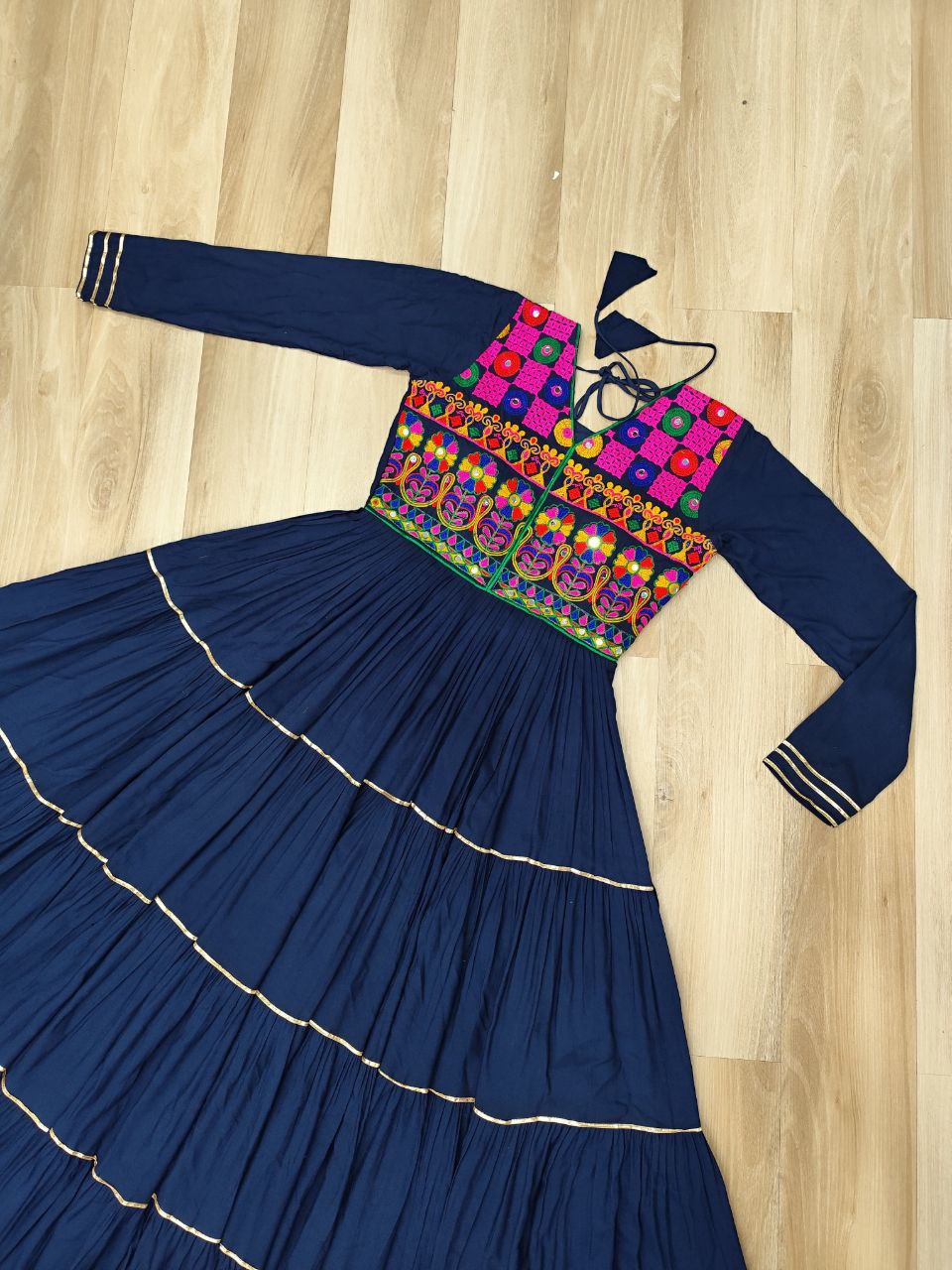 Navy Blue Navratri Special 14 Kg Reyon Gown with Kutchi Gamthi & Mirror Hand Work – 4-Layer Frill, 10+ Meter Flair ClothsVilla