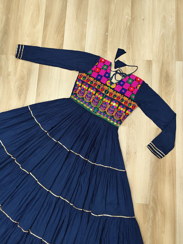Navy Blue Navratri Special 14 Kg Reyon Gown with Kutchi Gamthi & Mirror Hand Work – 4-Layer Frill, 10+ Meter Flair ClothsVilla