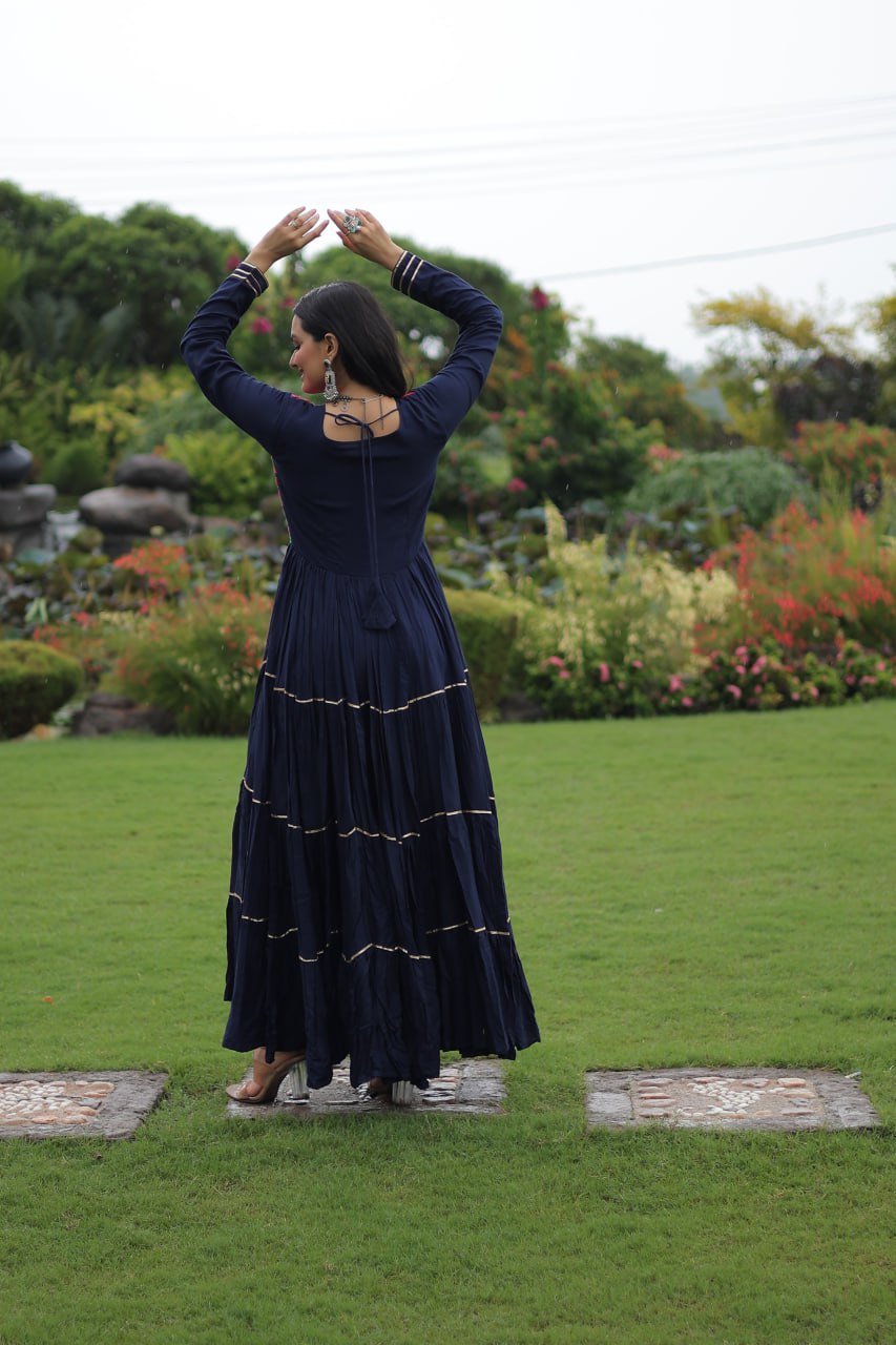 Navy Blue Navratri Special 14 Kg Reyon Gown with Kutchi Gamthi & Mirror Hand Work – 4-Layer Frill, 10+ Meter Flair ClothsVilla